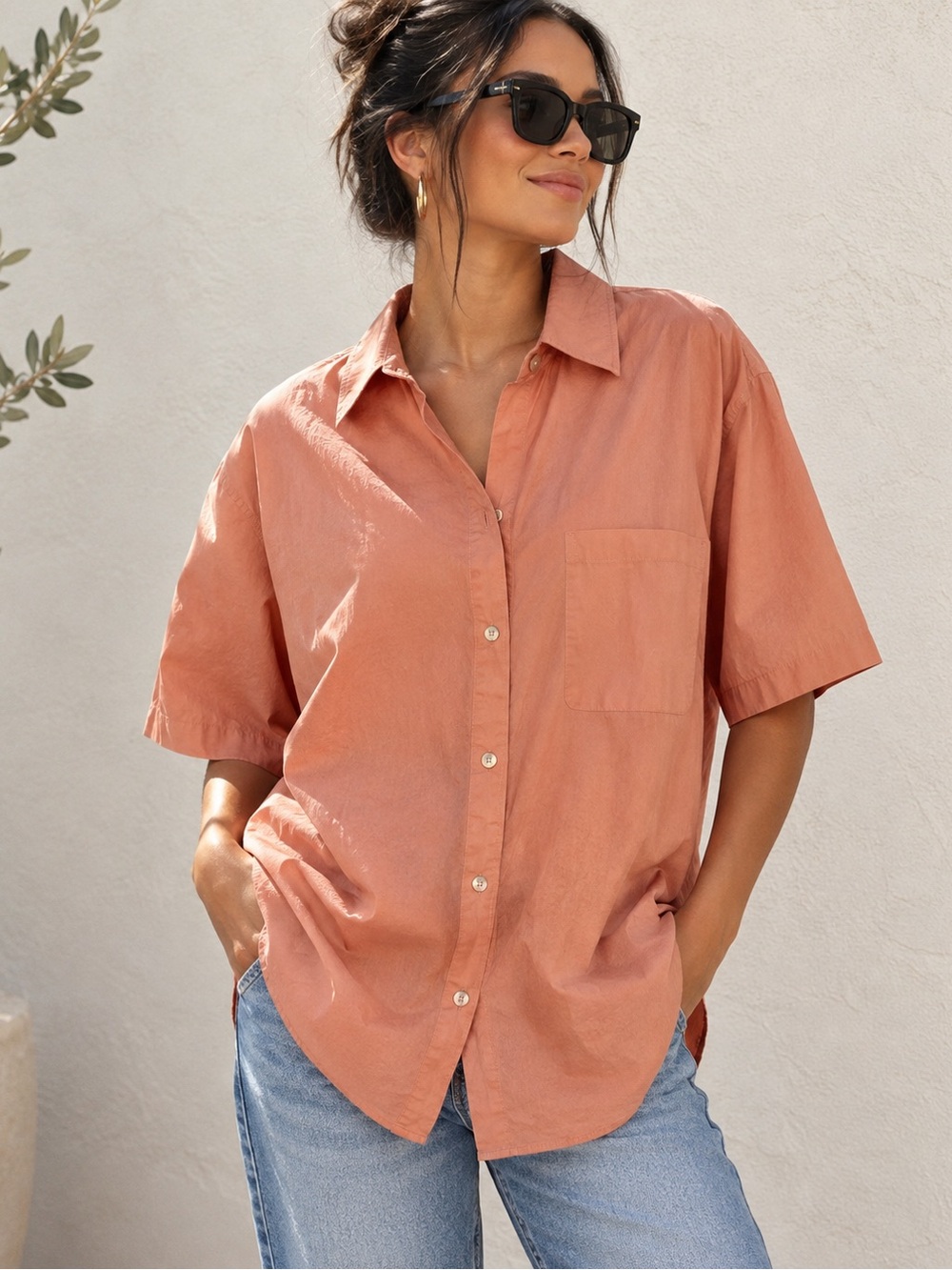 Vince Short Sleeve Cotton Poplin Button-Up Shirt Dark Apricot Clay Size L